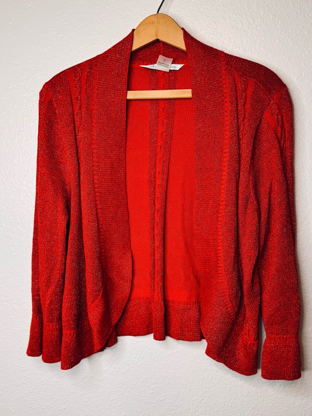 Peter Nygard Red Metallic Sparkle Shrug Crop Open Cardigan Sweater Knit sz L